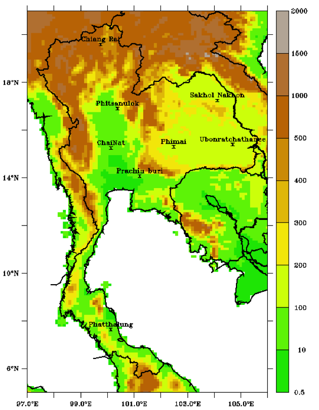 Topography map of Thailand with eight sites used in the case study marked