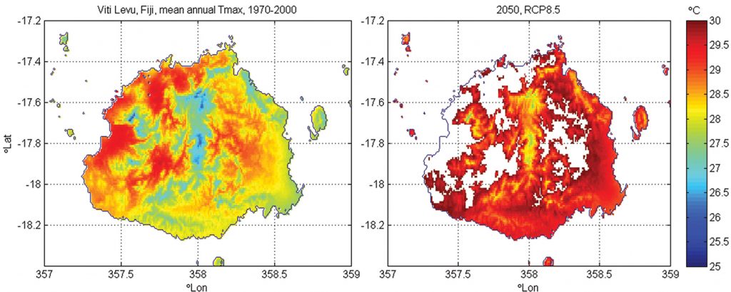 Temperature maps of Fiji in baseline and 2050 projection periods